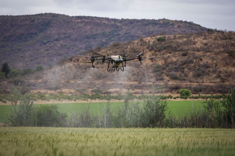 Spray drone applying product across a green crop paddock with hills in the background